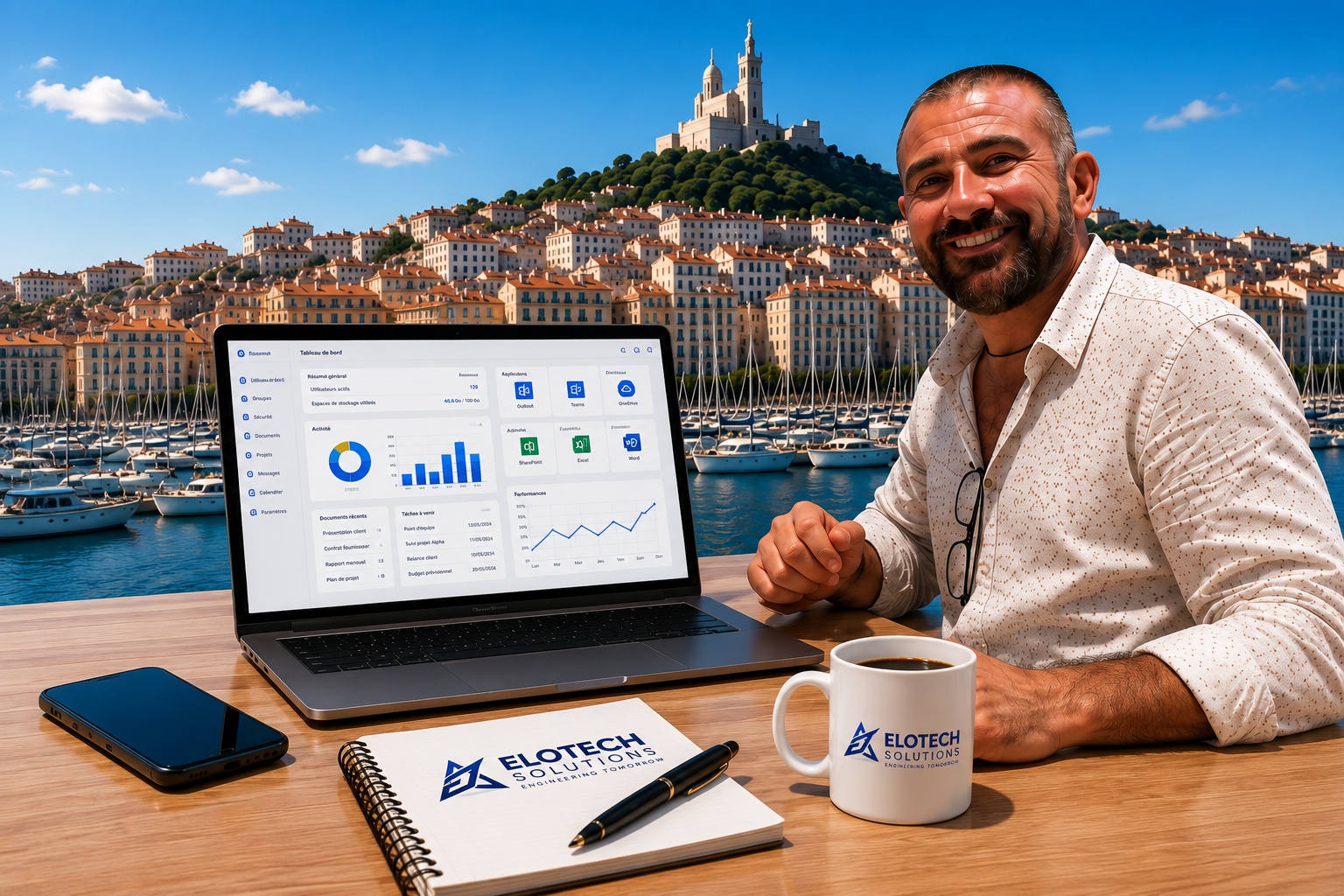 Éric à Marseille avec Notre-Dame-de-la-Garde et un environnement informatique professionnel